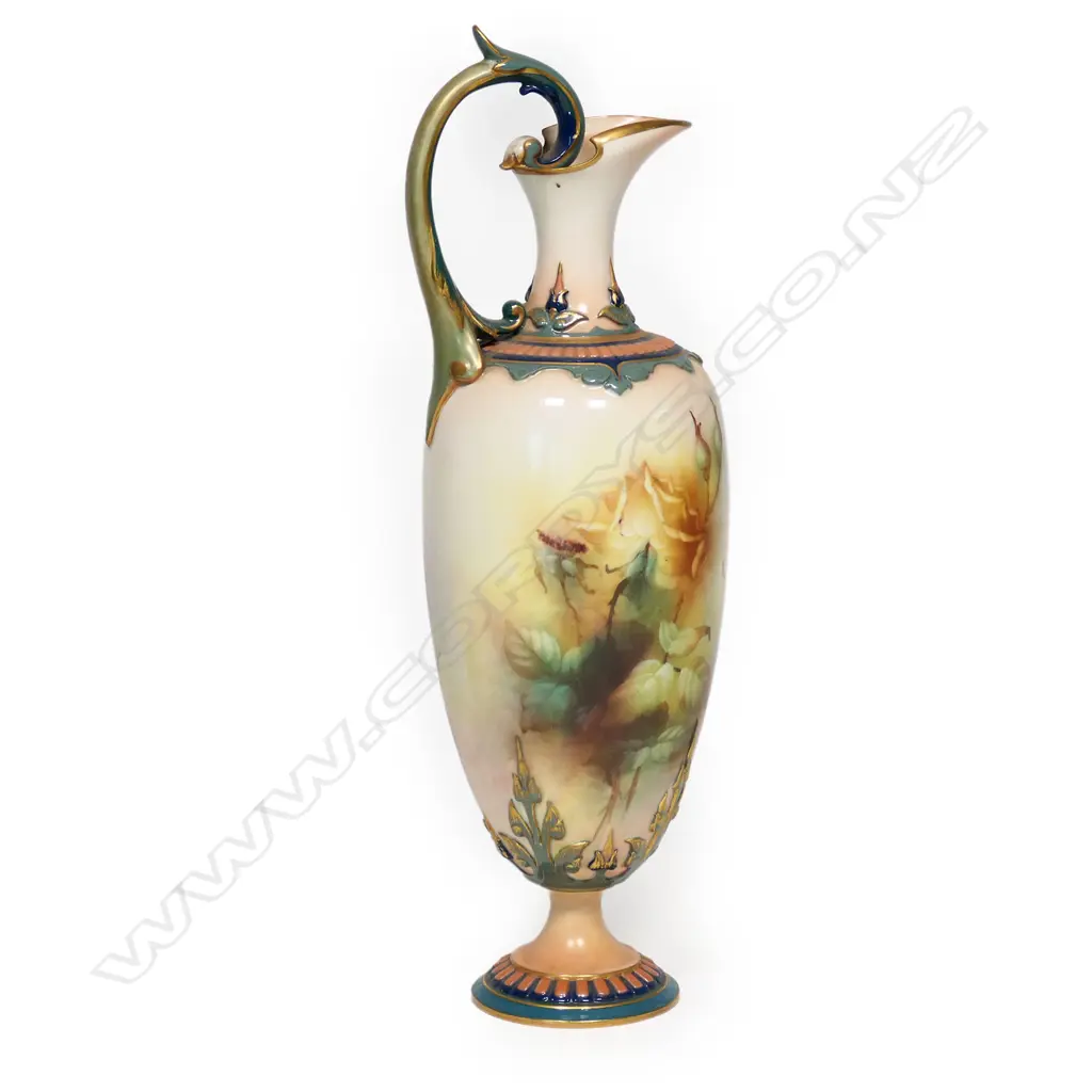 An Edwardian Royal Worcester roses painted ewer by A.C. Lewis, Image 1++