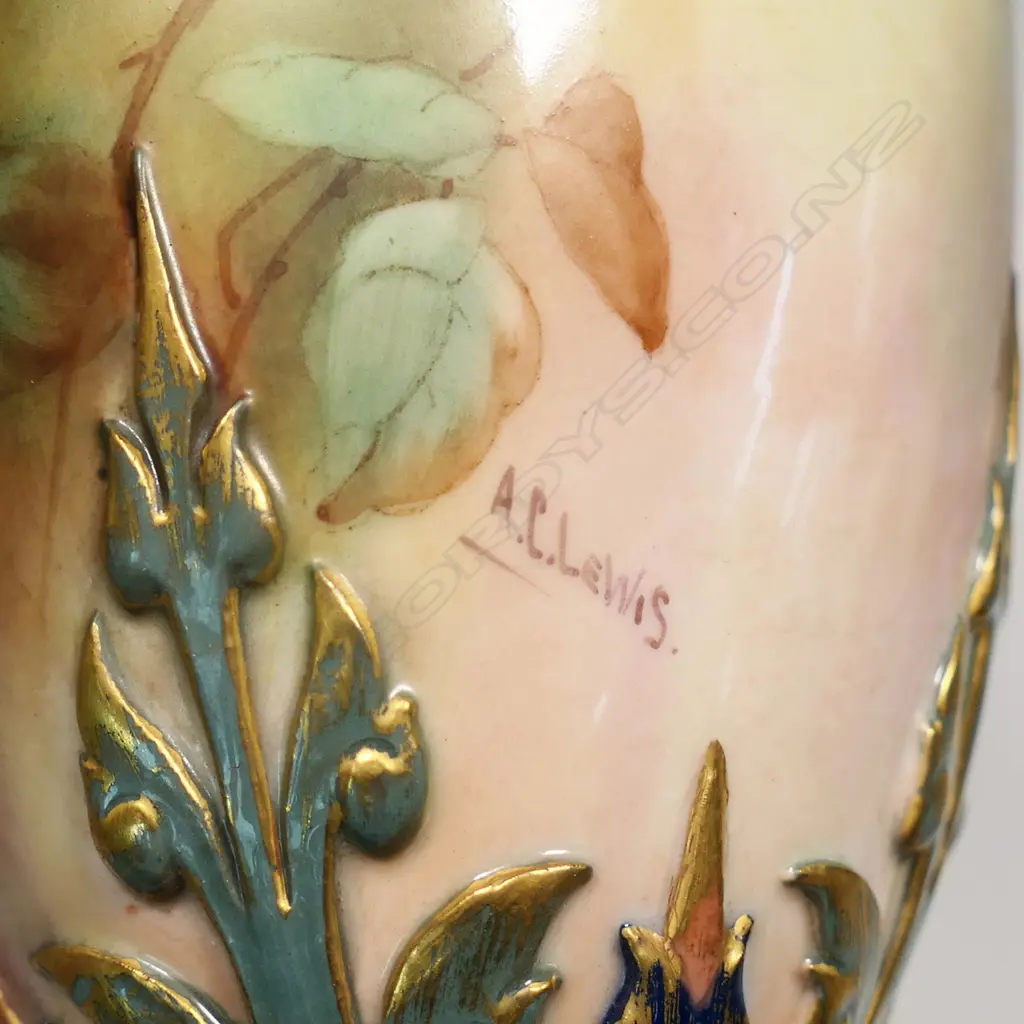 An Edwardian Royal Worcester roses painted ewer by A.C. Lewis, Image 1++