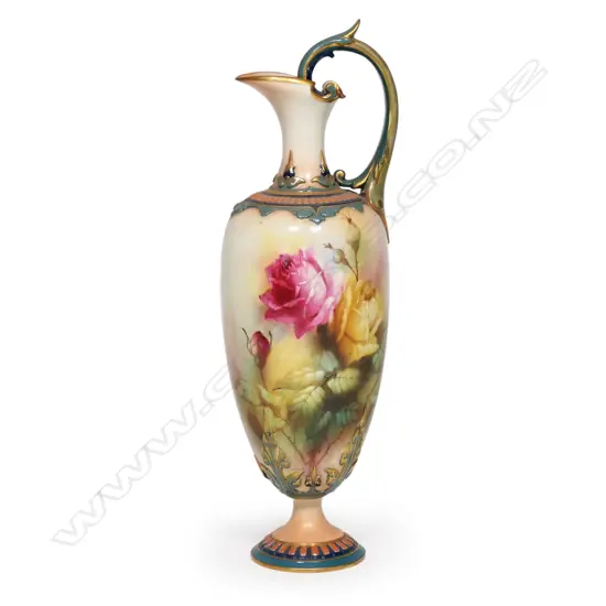 An Edwardian Royal Worcester roses painted ewer by A.C. Lewis,