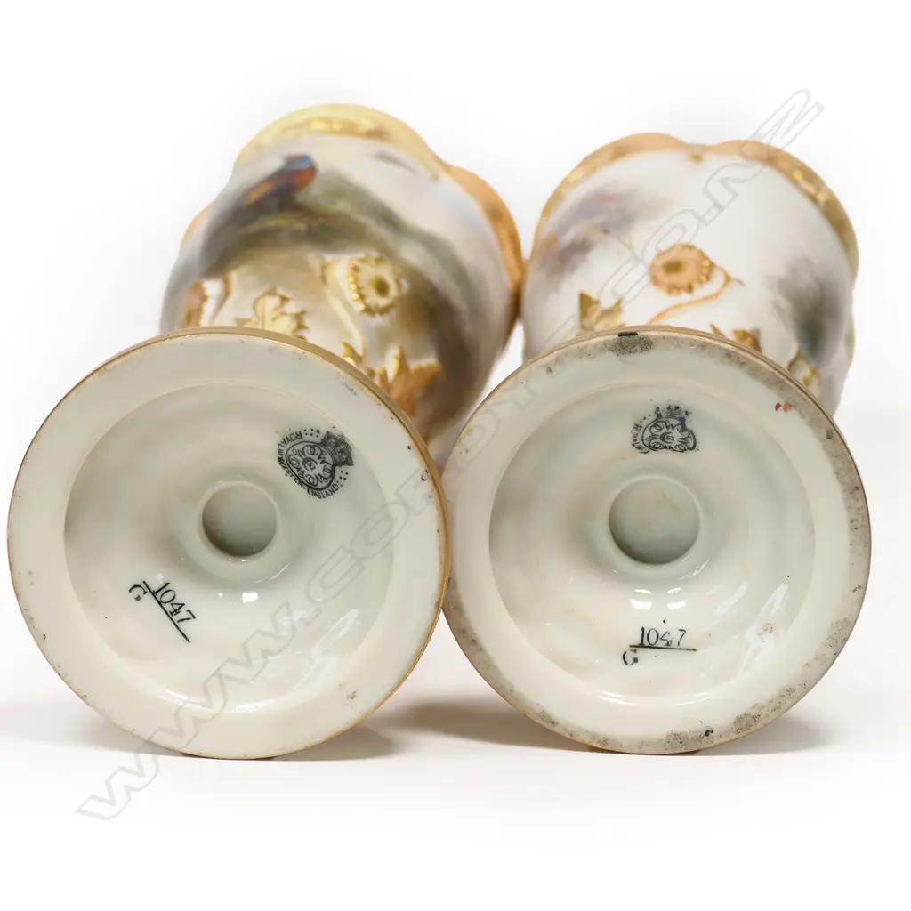 A pair of Edwardian Royal Worcester James Stinton pheasant painted goblet vases, Image 1++