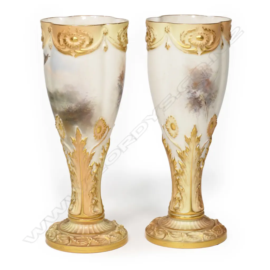 A pair of Edwardian Royal Worcester James Stinton pheasant painted goblet vases, Image 1++