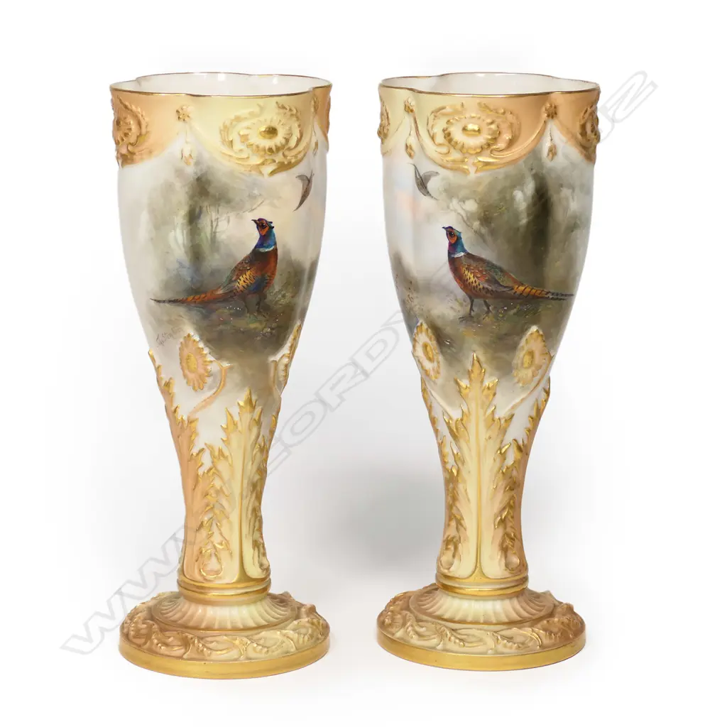 A pair of Edwardian Royal Worcester James Stinton pheasant painted goblet vases, Image 1++