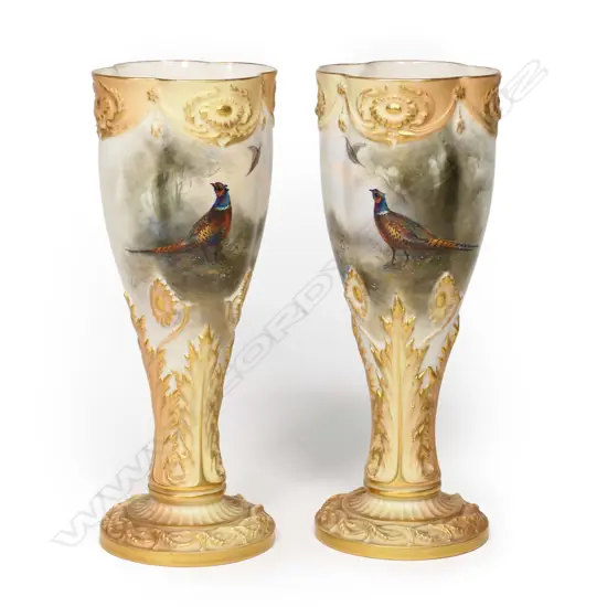 A pair of Edwardian Royal Worcester James Stinton pheasant painted goblet vases,
