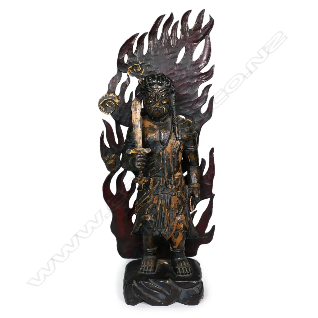A Japanese vintage Fudo Myo-o painted wood statue, Image 1++
