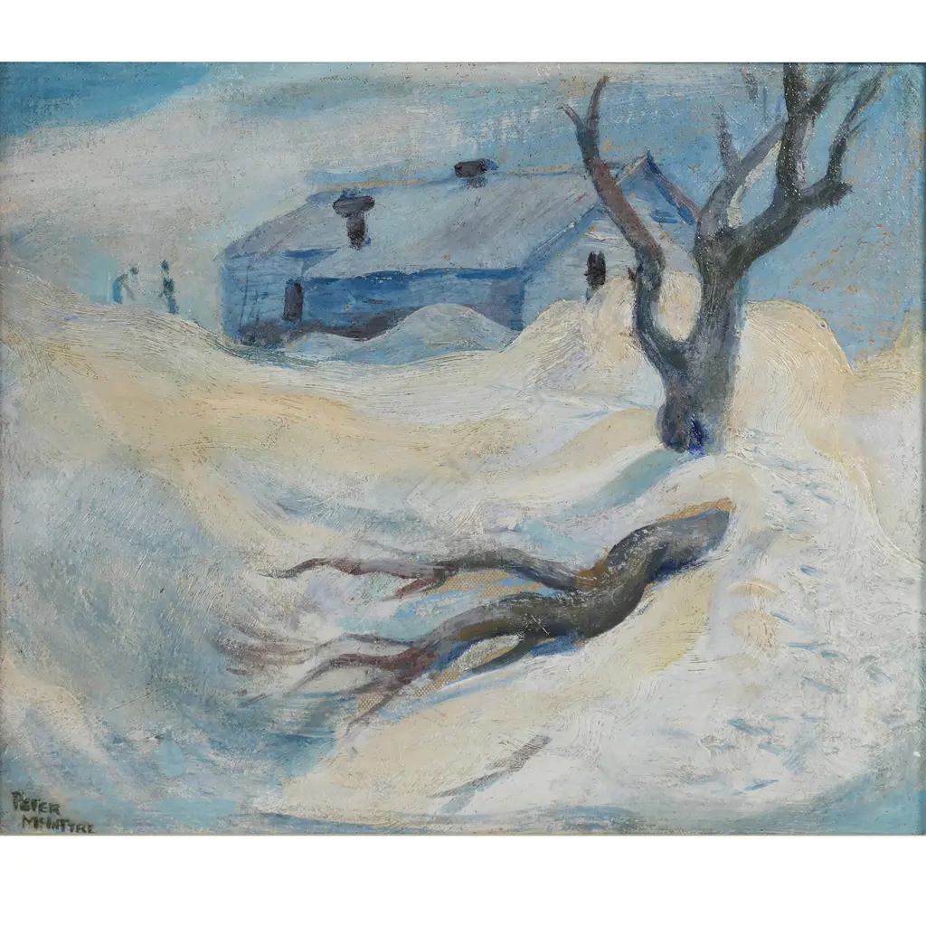 Attributed Peter McIntyre (NZ 1910-1995), 'Building and Tree in Winter landscape', Image 1++