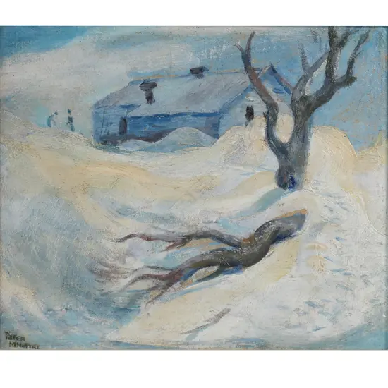 Peter McIntyre (NZ 1910-1995), 'Building and Tree in Winter landscape',