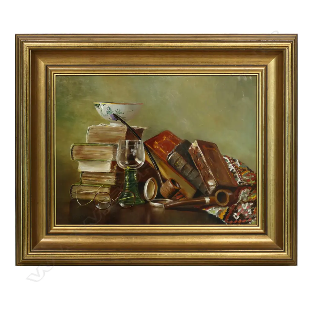 Jozef (Jos) Kivits (Netherlands/NZ 1945-) Still Life - books, pipes, glass & Chinese bowl, Image 1++