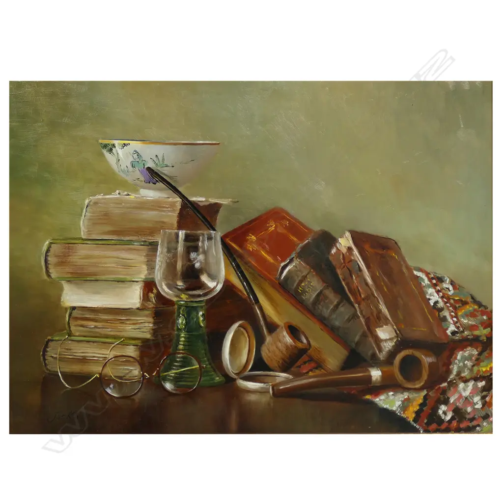 Jozef (Jos) Kivits (Netherlands/NZ 1945-) Still Life - books, pipes, glass & Chinese bowl, Image 1++