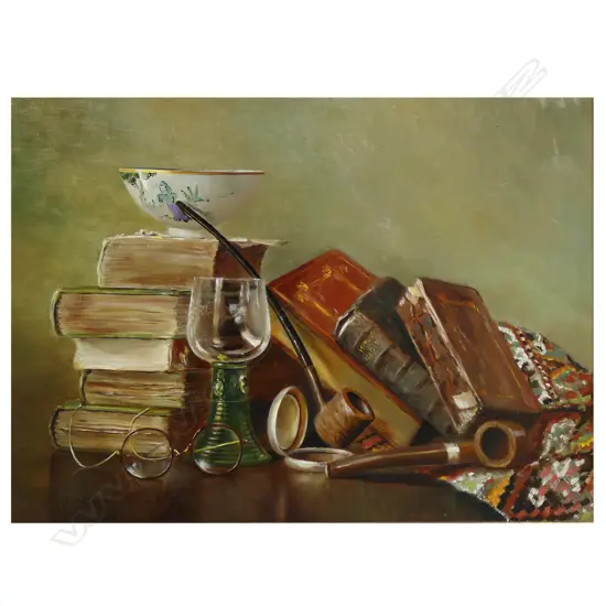 Jozef (Jos) Kivits (Netherlands/NZ 1945-) Still Life - books, pipes, glass & Chinese bowl,