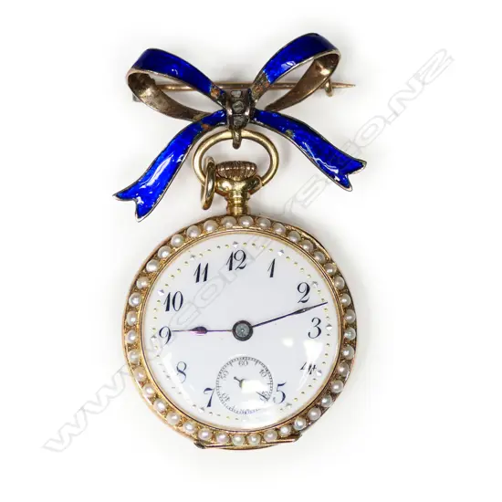 A c.1900 18ct yellow gold and blue enamel ladies fob watch on bow,