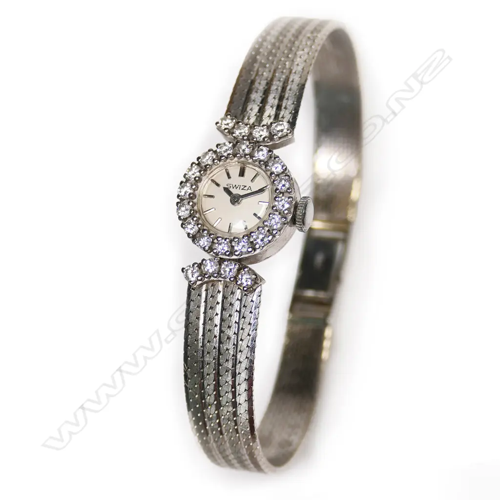 A 1940's 'Swiza' Art Deco 18ct white gold and diamond cocktail watch, Image 1++