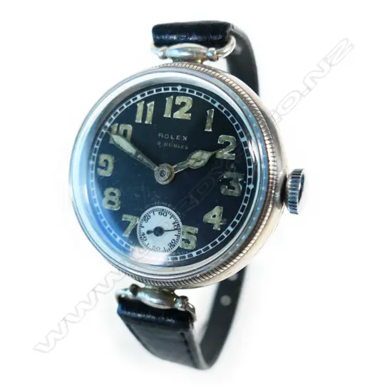 A gent's WWI Rolex black dial silver trench wristwatch,