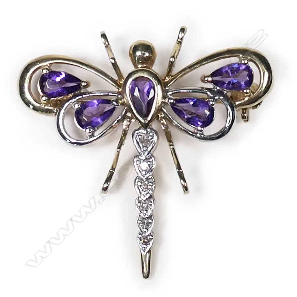 A 9ct yellow gold, amethyst and diamond dragonfly brooch, Image 1++