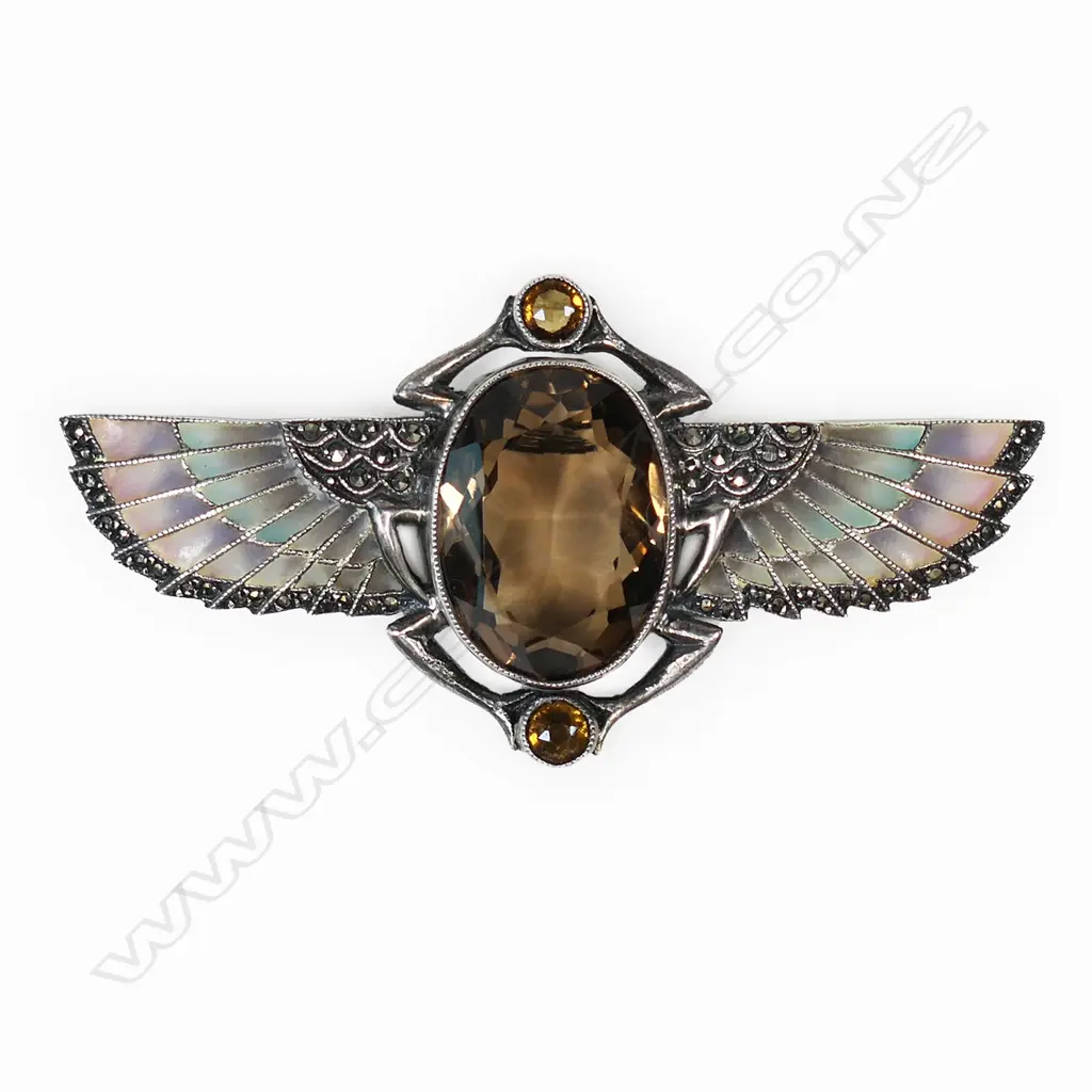 A vintage Egyptian revival silver Plique-à-jour brooch, Image 1++