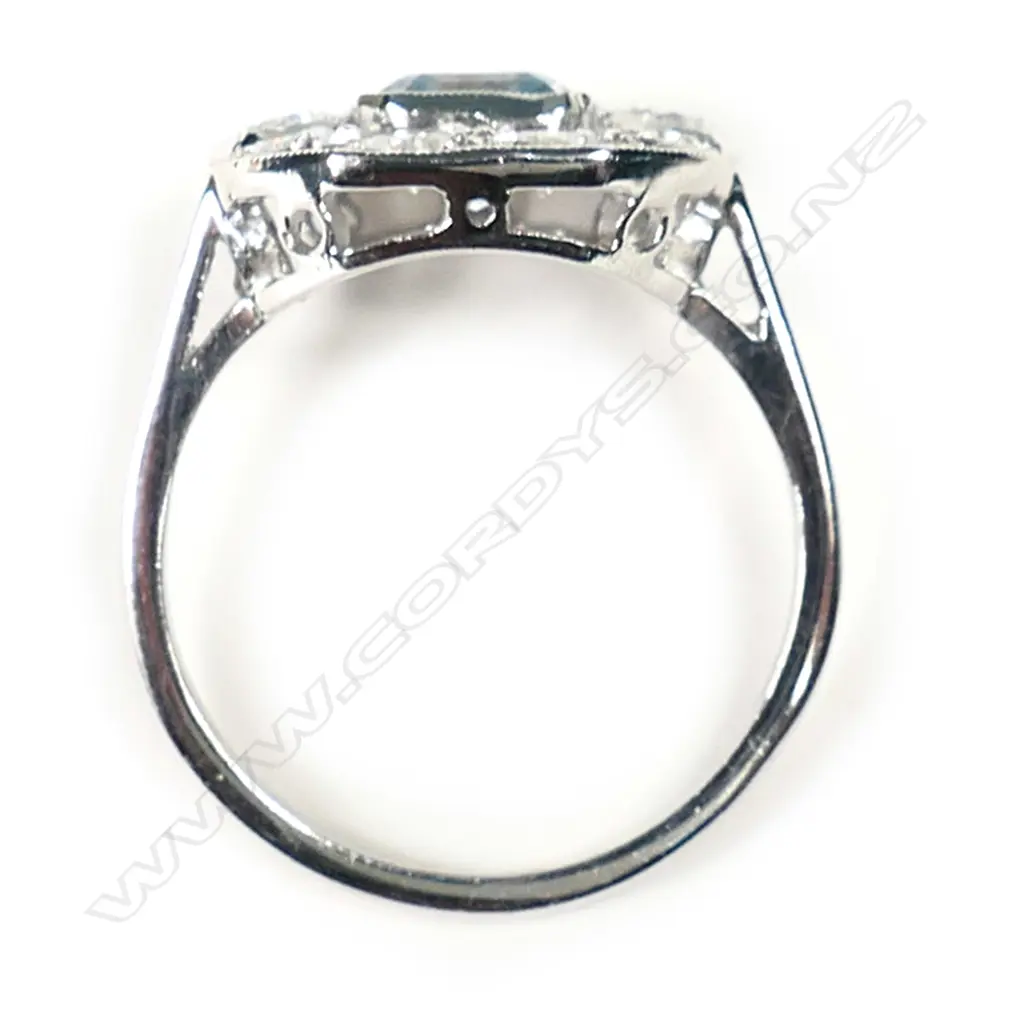 An 18ct white gold, aquamarine and diamond Art Deco style ring, Image 1++