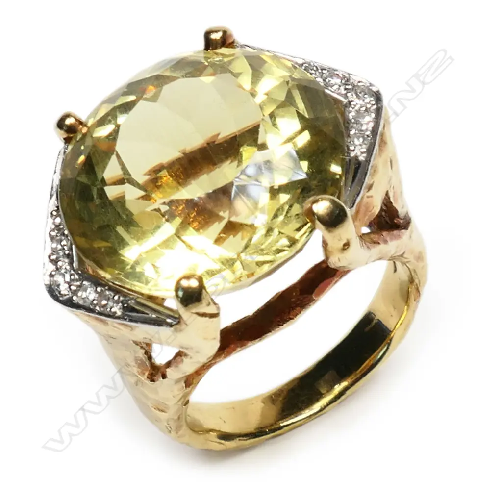 An 18ct yellow gold handmade contemporary large yellow beryl and diamond ring, Image 1++
