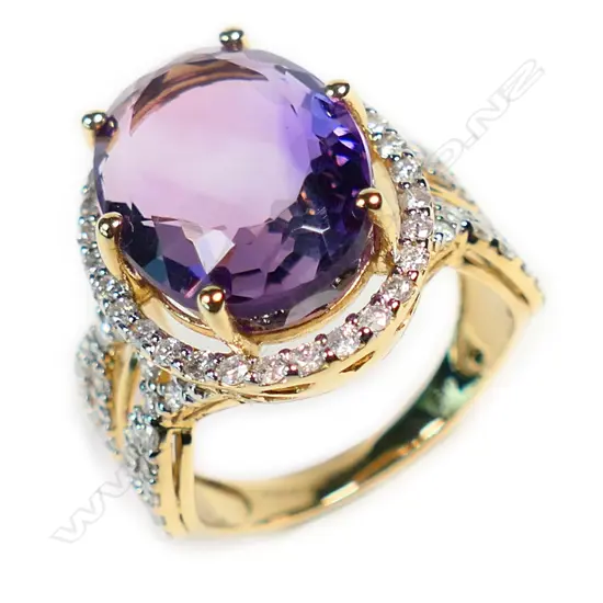A 14ct gold amethyst and diamond cocktail ring,