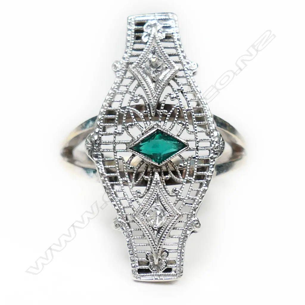 A 14ct yellow and white gold green glass and diamond antique style ring, Image 1++