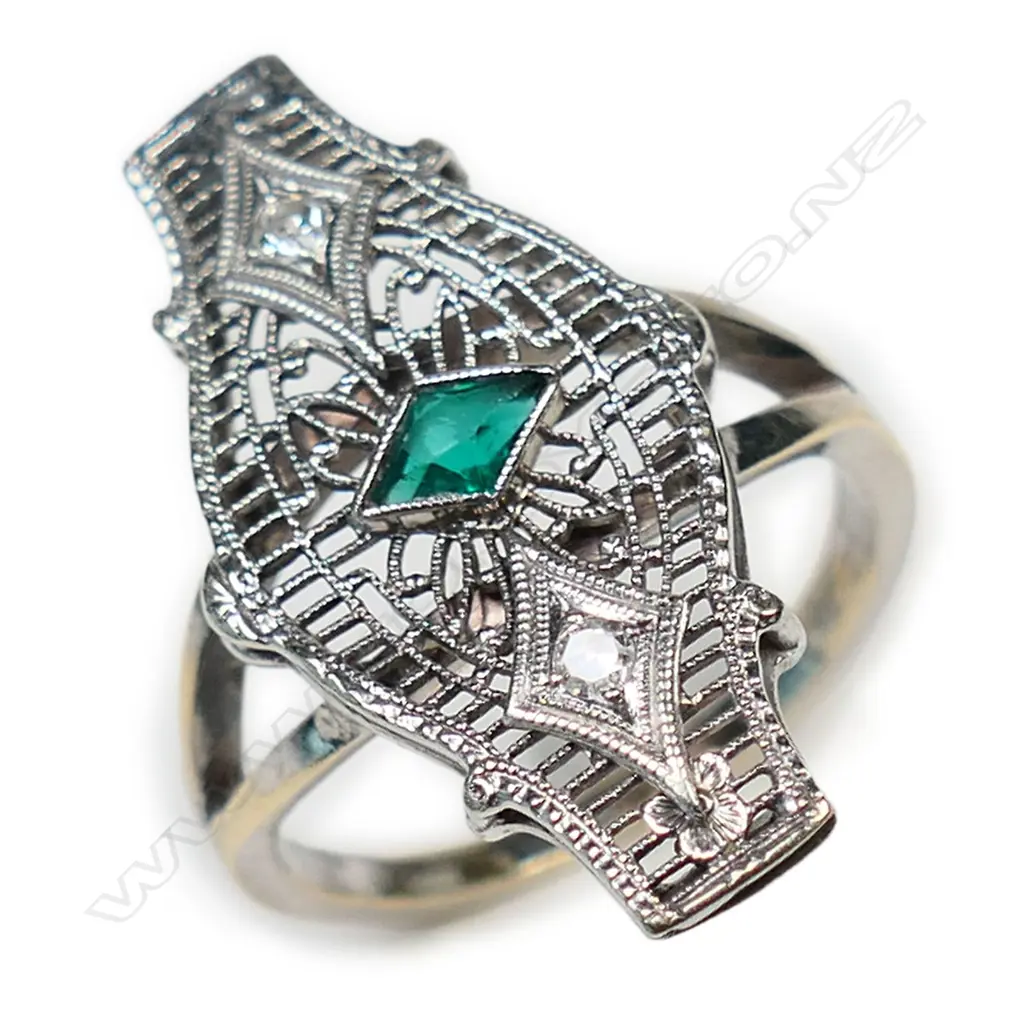 A 14ct yellow and white gold green glass and diamond antique style ring, Image 1++