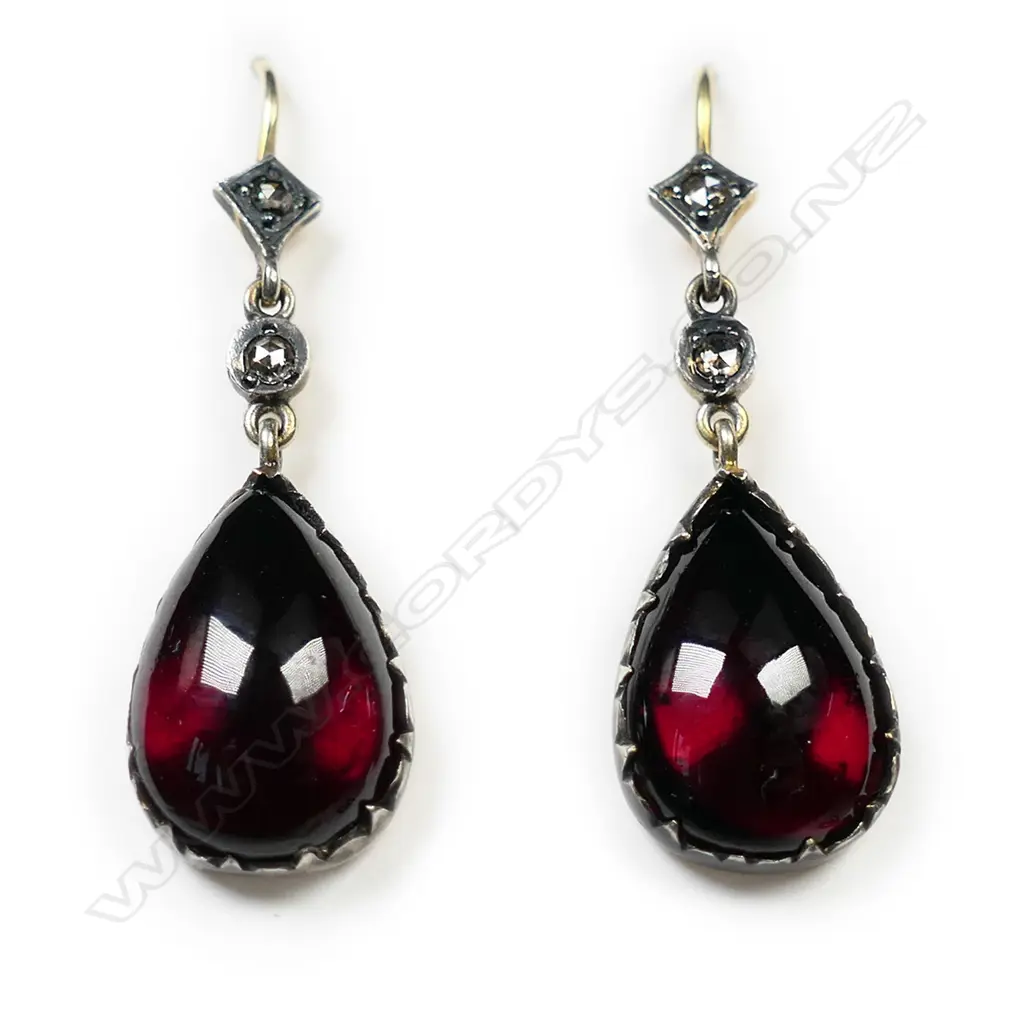 A pair of silver gilt, diamond and garnet drop earrings, Image 1++