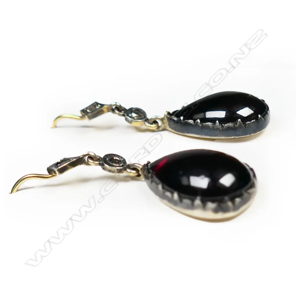 A pair of silver gilt, diamond and garnet drop earrings, Image 1++