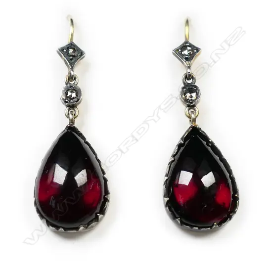 A pair of silver gilt, diamond and garnet drop earrings,