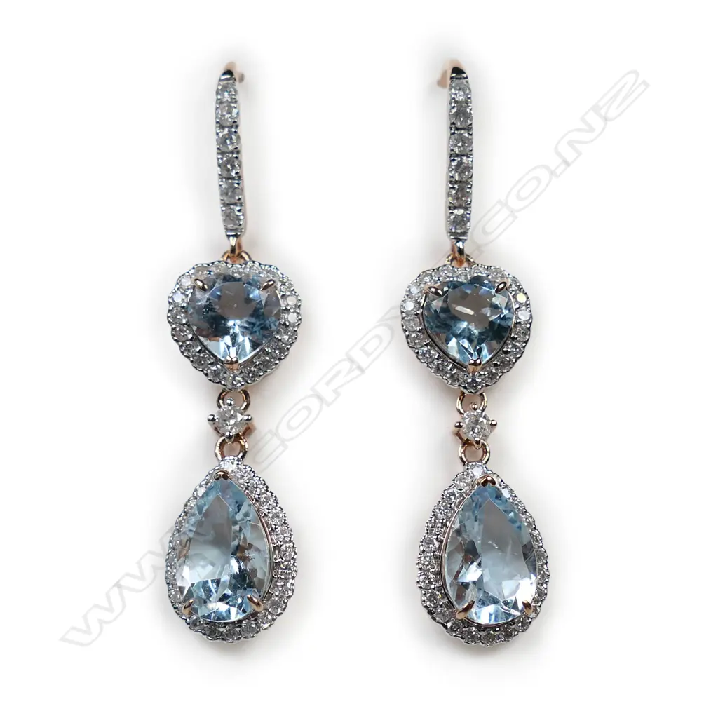 A pair of 14ct white and rose gold, aquamarine and diamond drop earrings, Image 1++