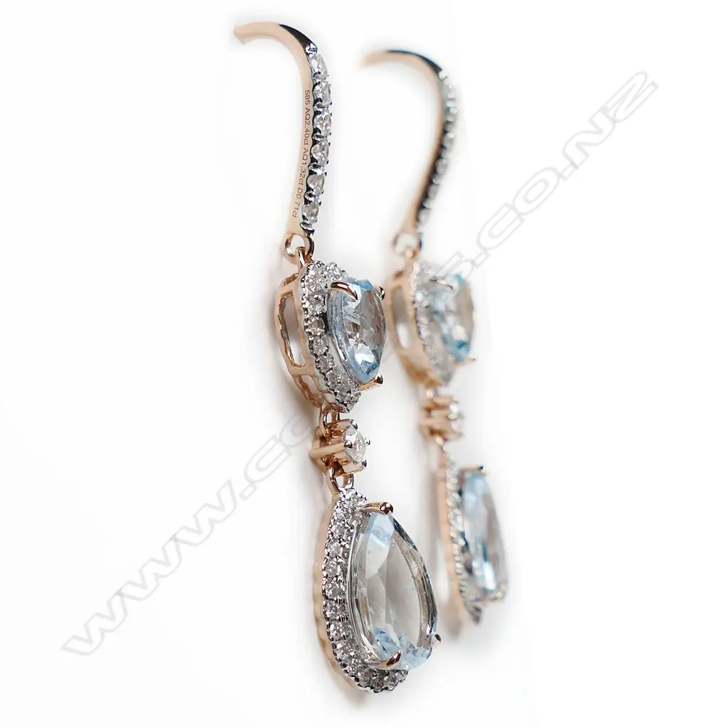 A pair of 14ct white and rose gold, aquamarine and diamond drop earrings, Image 1++