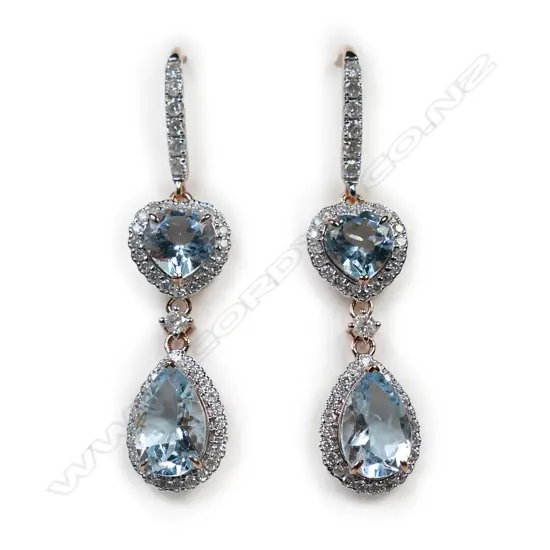 A pair of 14ct white and rose gold, aquamarine and diamond drop earrings,