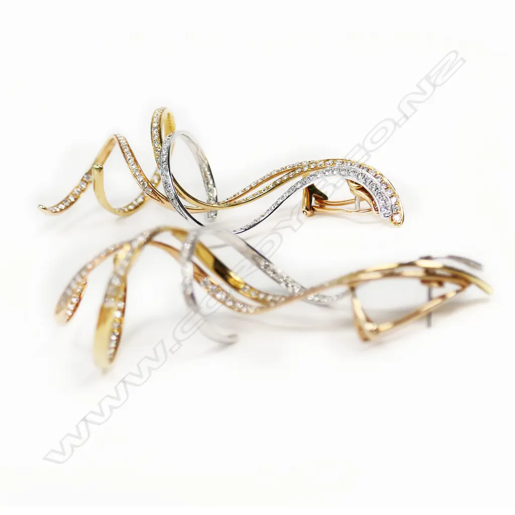 A pair 18ct yellow white and rose gold and diamond drop spiral earrings, Image 1++