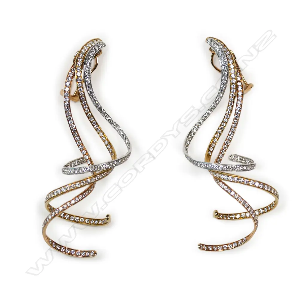 A pair 18ct yellow white and rose gold and diamond drop spiral earrings, Image 1++
