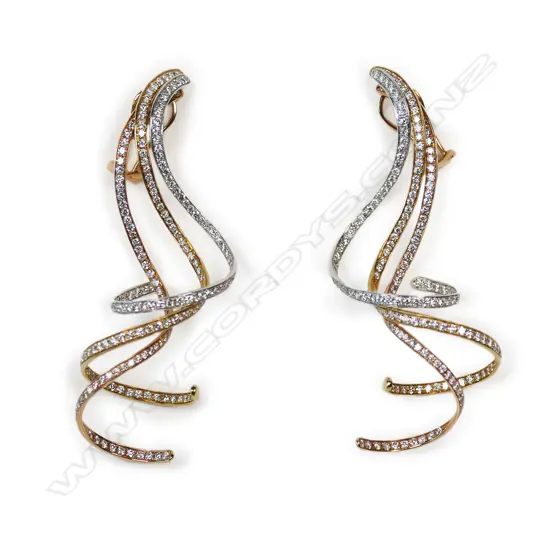 A pair 18ct yellow white and rose gold and diamond drop spiral earrings,