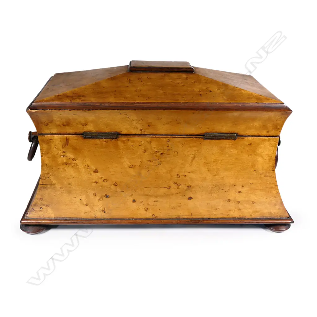 A Regency birds eye maple sarcophagus form jewel box, Image 1++
