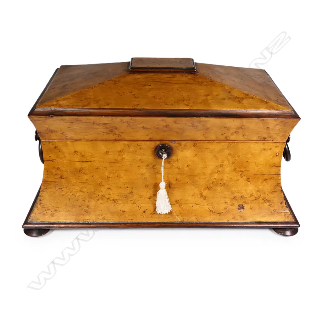 A Regency birds eye maple sarcophagus form jewel box, Image 1++