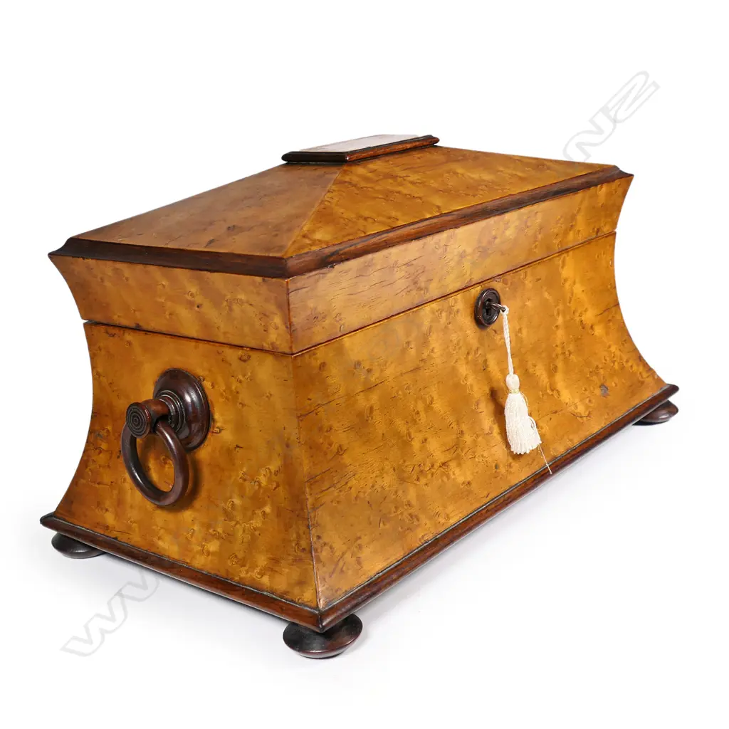 A Regency birds eye maple sarcophagus form jewel box, Image 1++