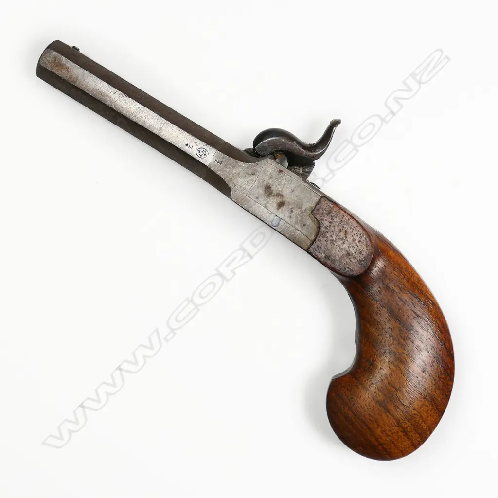 An early 19thC Belgian folding trigger percussion pistol, Image 1++