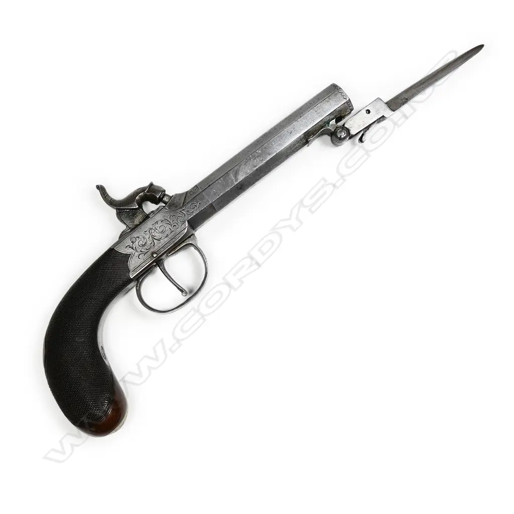 A good mid 19thC C.J. Smith of London percussion pocket pistol with spring bayonet, Image 1++
