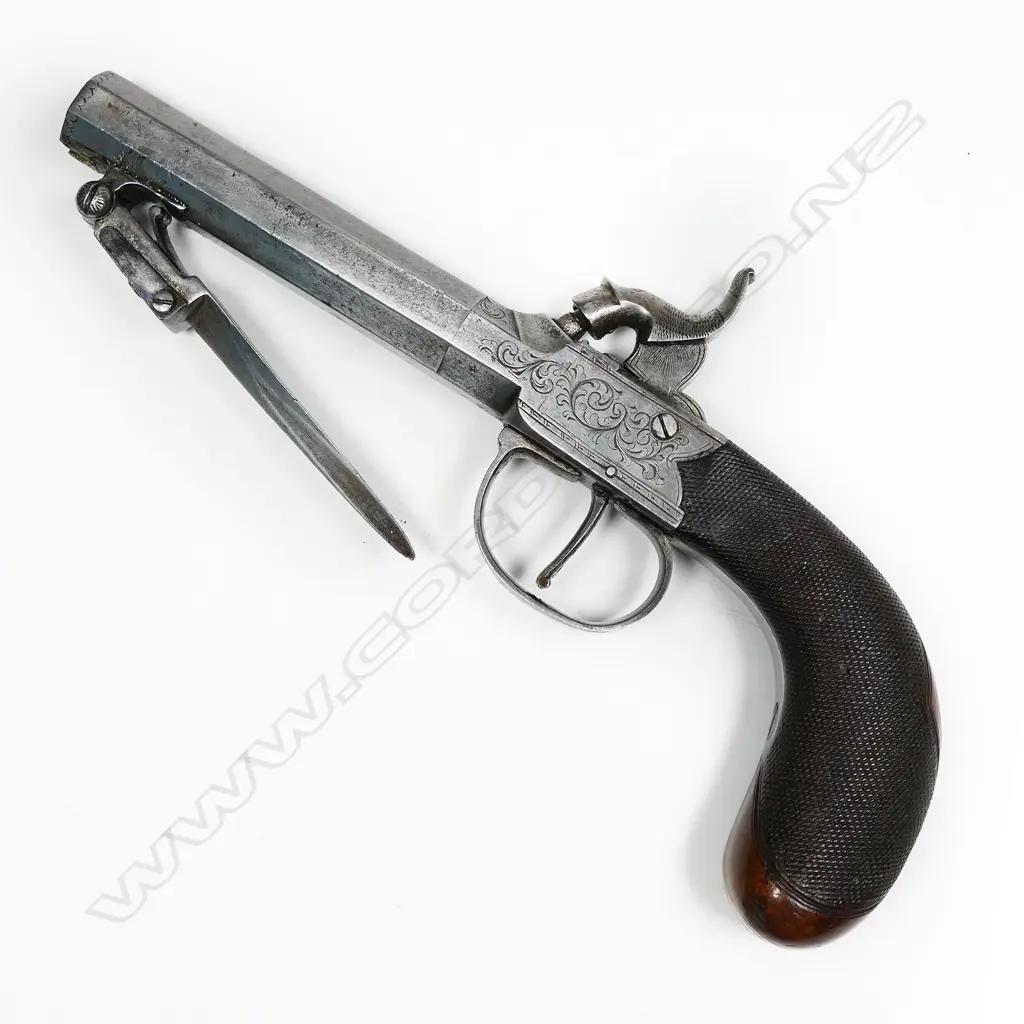 A good mid 19thC C.J. Smith of London percussion pocket pistol with spring bayonet, Image 1++