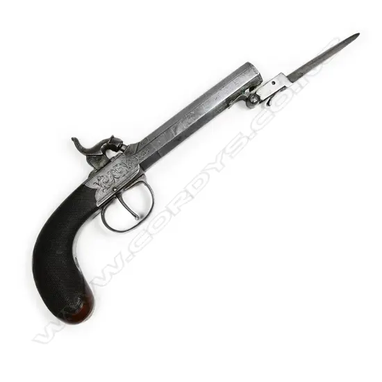 A good mid 19thC C.J. Smith of London percussion pocket pistol with spring bayonet,
