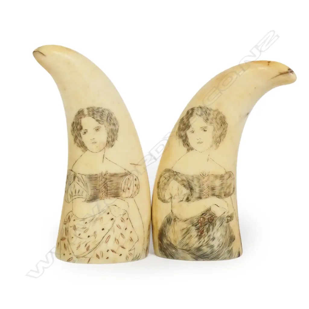 A pair of 19thC scrimshaw whales teeth, Image 1++