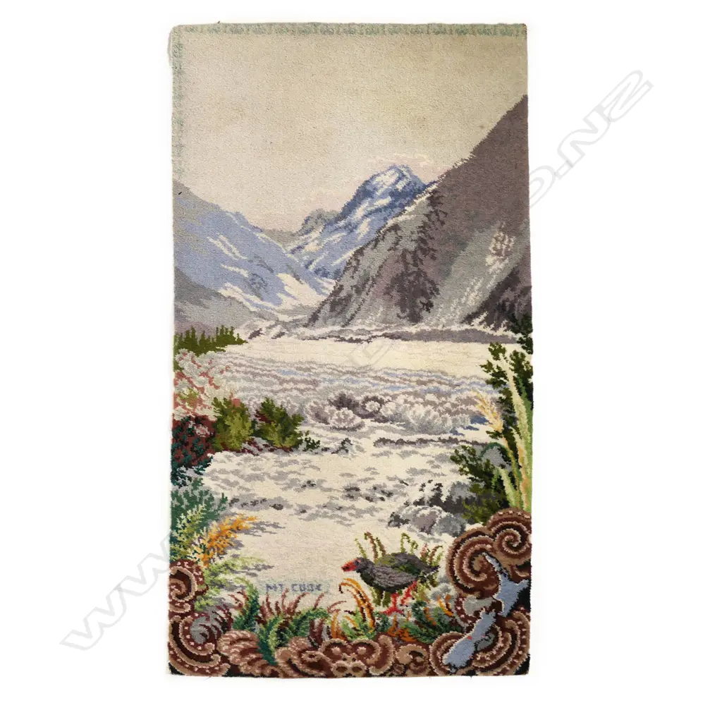A vintage Feltex Carpets New Zealand Ltd 'Mt Cook' Brendan Hartwell picture rug. Woollen souvenir rug Image 1++