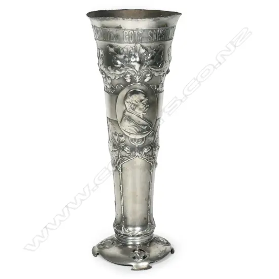 A tall WMF silver plate Art Nouveau patriotic trumpet vase,