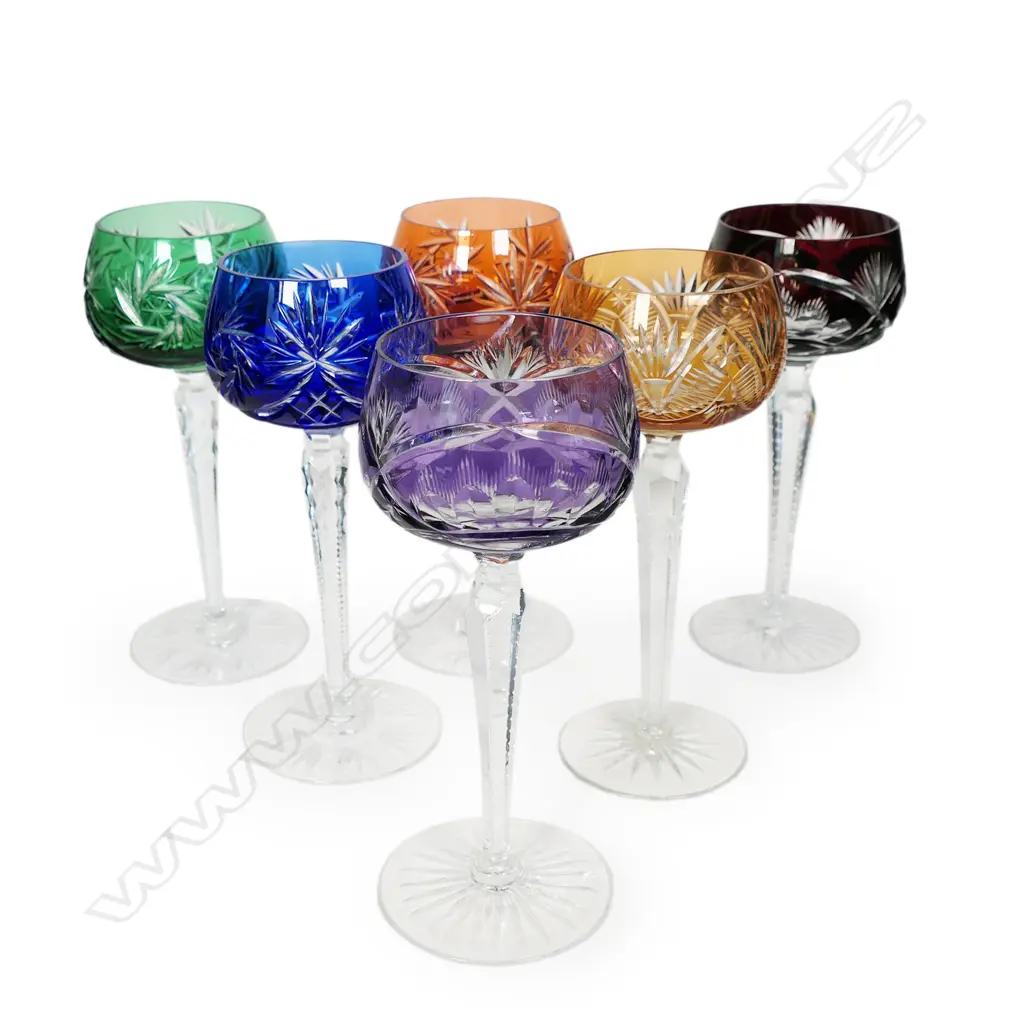 A harlequin set of six Bohemian long stemmed wine glasses, Image 1++