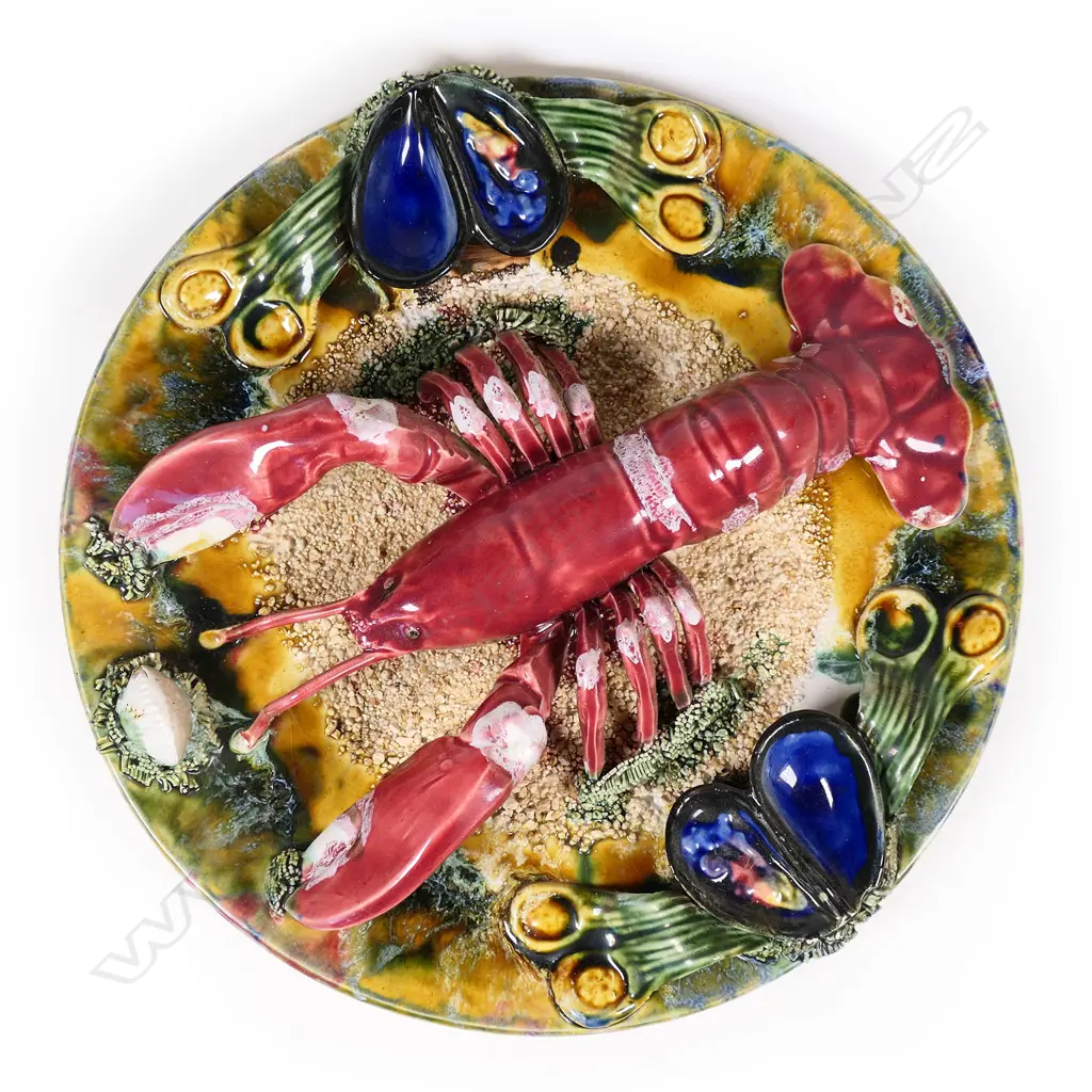 A vintage Palissy type polychrome majolica lobster and shell platter, Image 1++