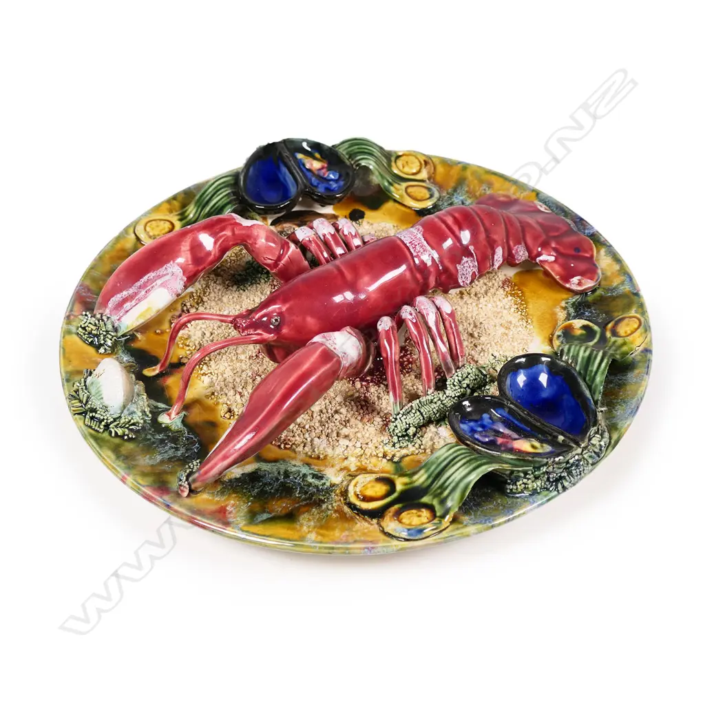A vintage Palissy type polychrome majolica lobster and shell platter, Image 1++