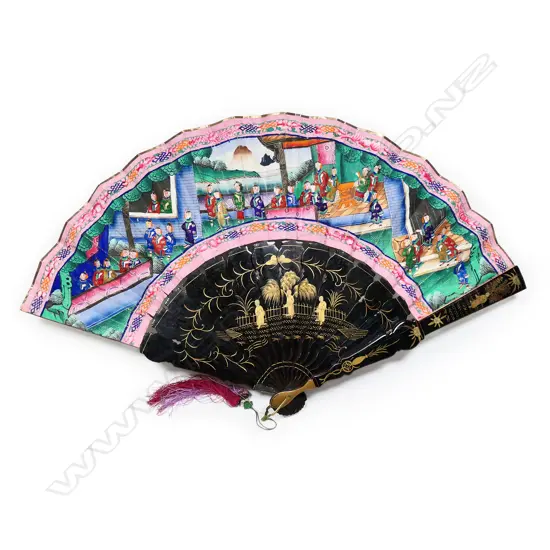 A good 19thC Chinese black lacquer and painted fan in box,