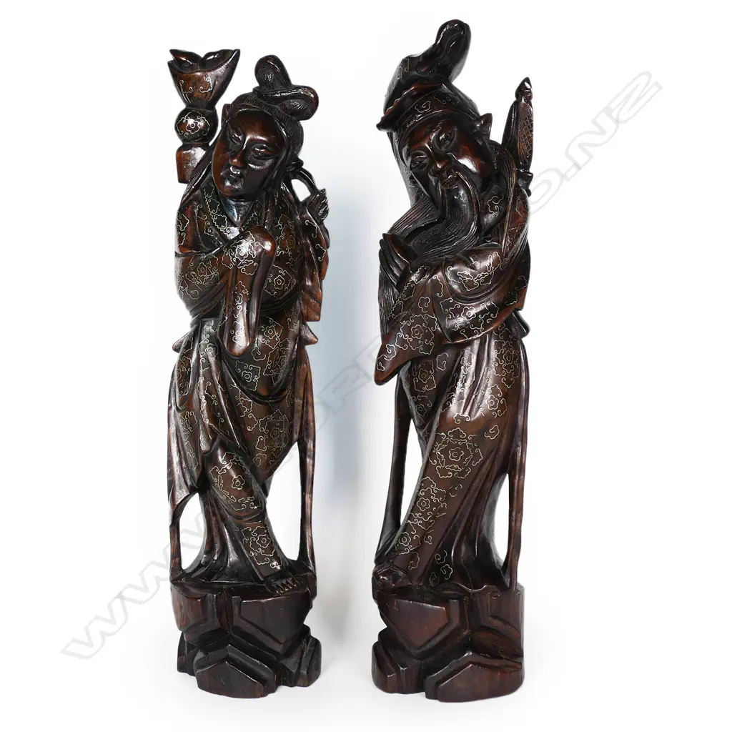 A pair of old oriental carved hardwood figures, Image 1++