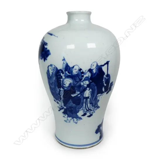 An old Chinese blue and White 18 Arhat plum bottle vase,