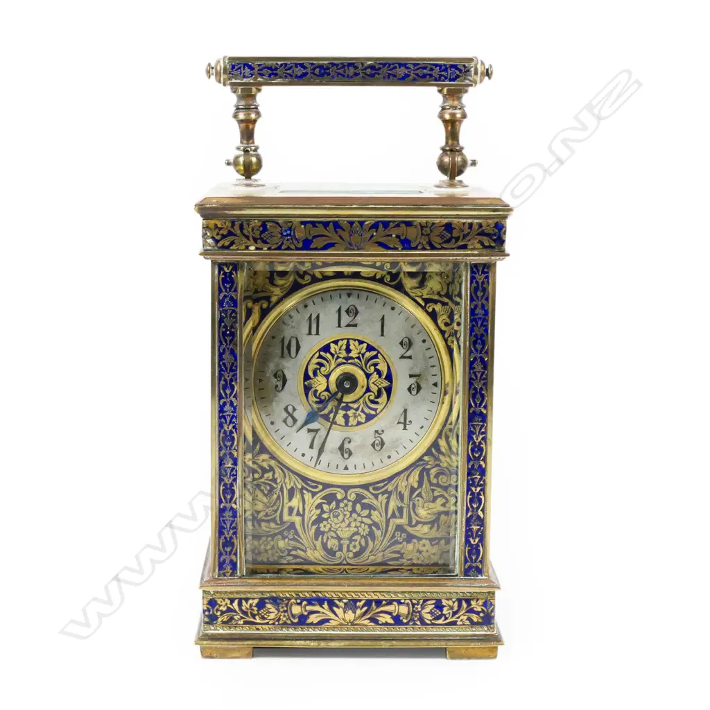 A 19thC French brass and blue enamel carriage clock, Image 1++