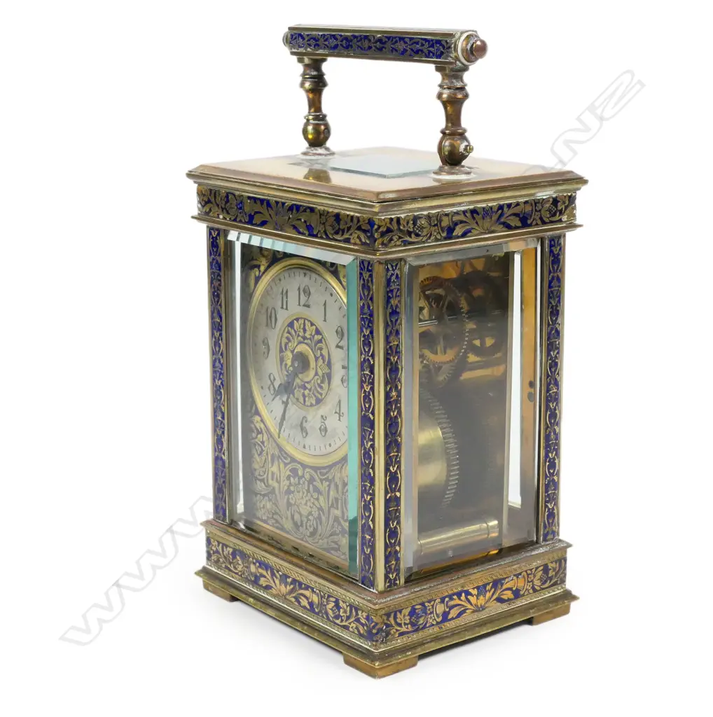 A 19thC French brass and blue enamel carriage clock, Image 1++